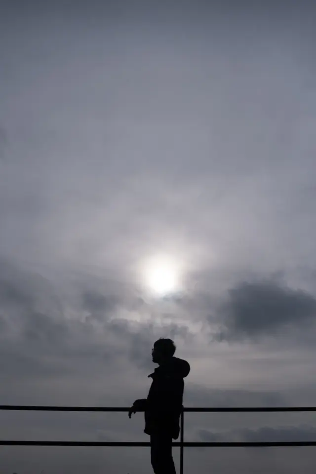 A figure in silhouette leaning on a railing under a pale sun in grey cloud