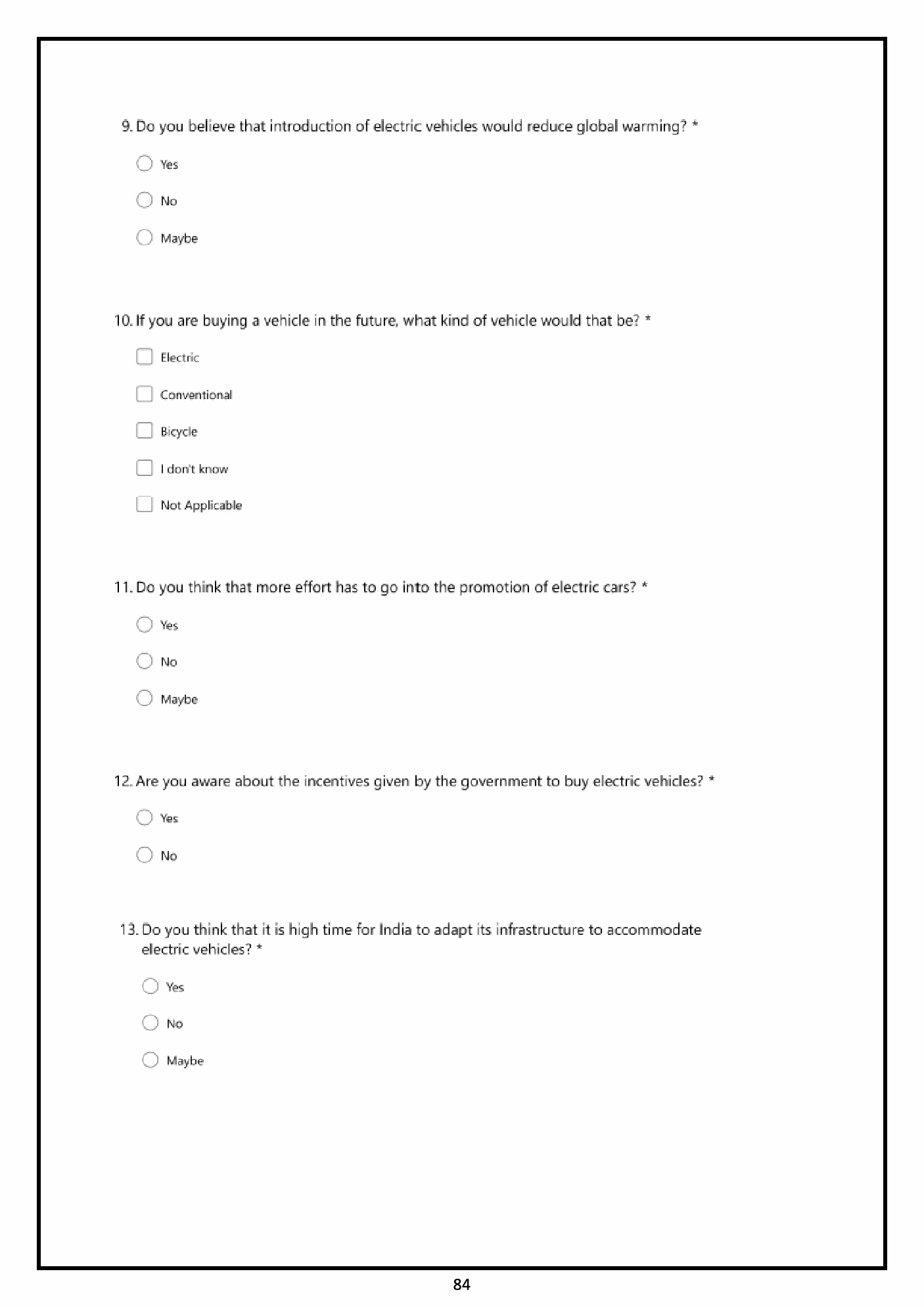 Original 2021 survey questionnaire, printed page 84. Facsimile; enlarge to read the original questions.