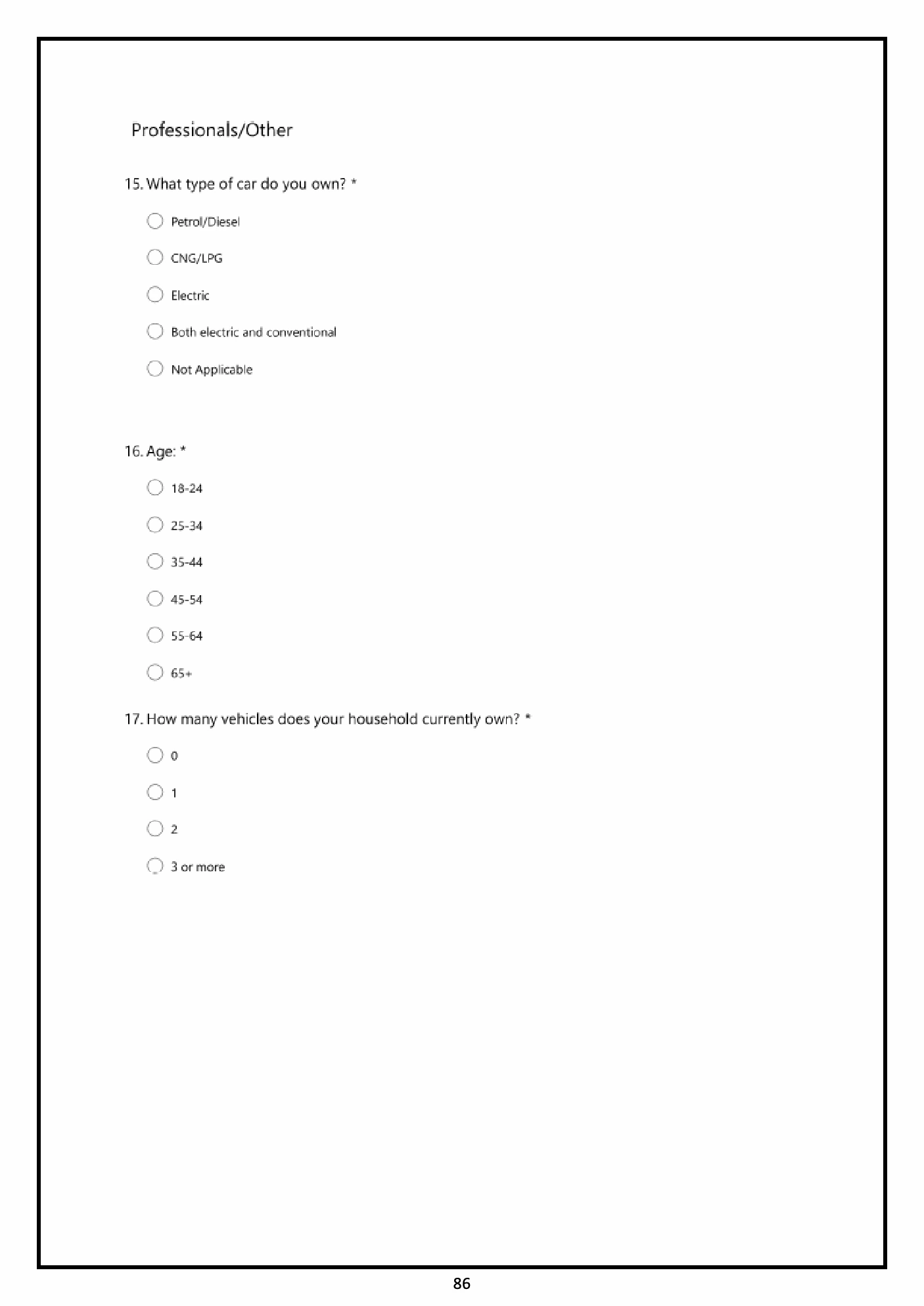 Original 2021 survey questionnaire, printed page 86. Facsimile; enlarge to read the original questions.