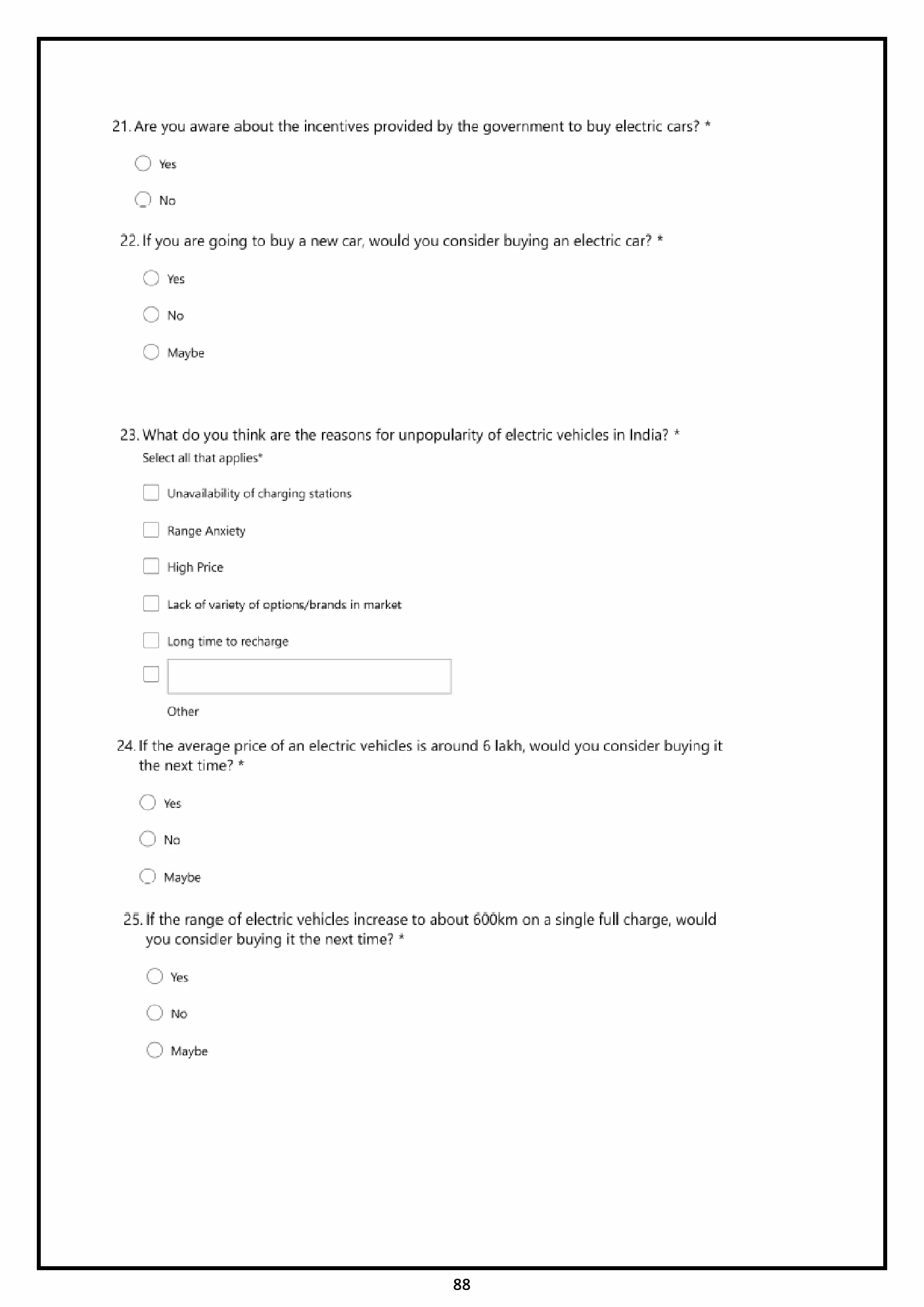 Original 2021 survey questionnaire, printed page 88. Facsimile; enlarge to read the original questions.