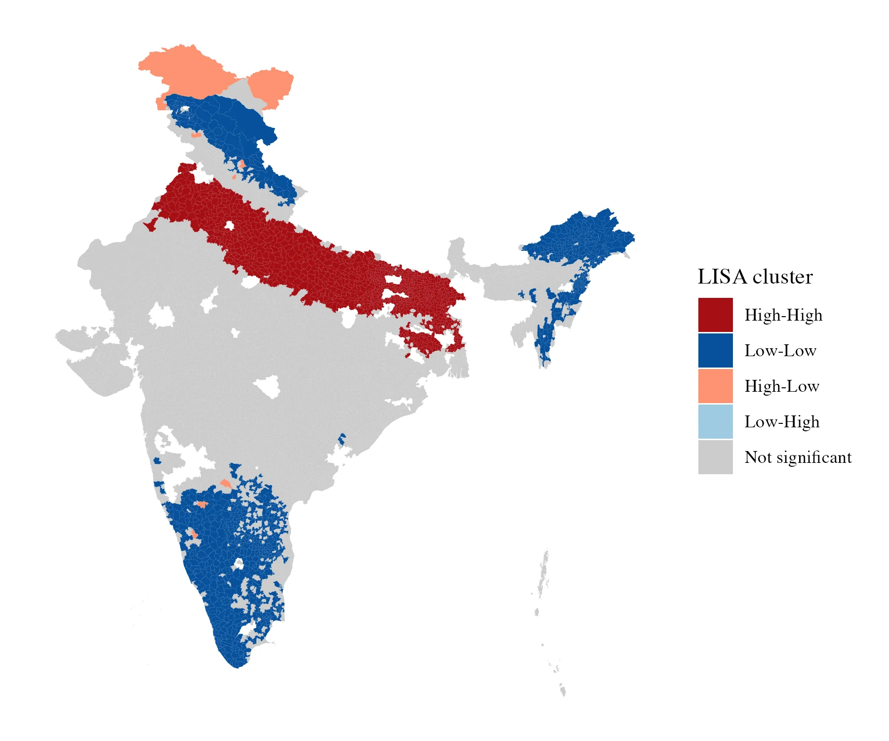 Figure 4.5: Local Indicators of Spatial Association (LISA) cluster map for long-term average PM2.5 (1998–2023). Sub-districts are classified into High–High and Low–Low clusters, indicating spa