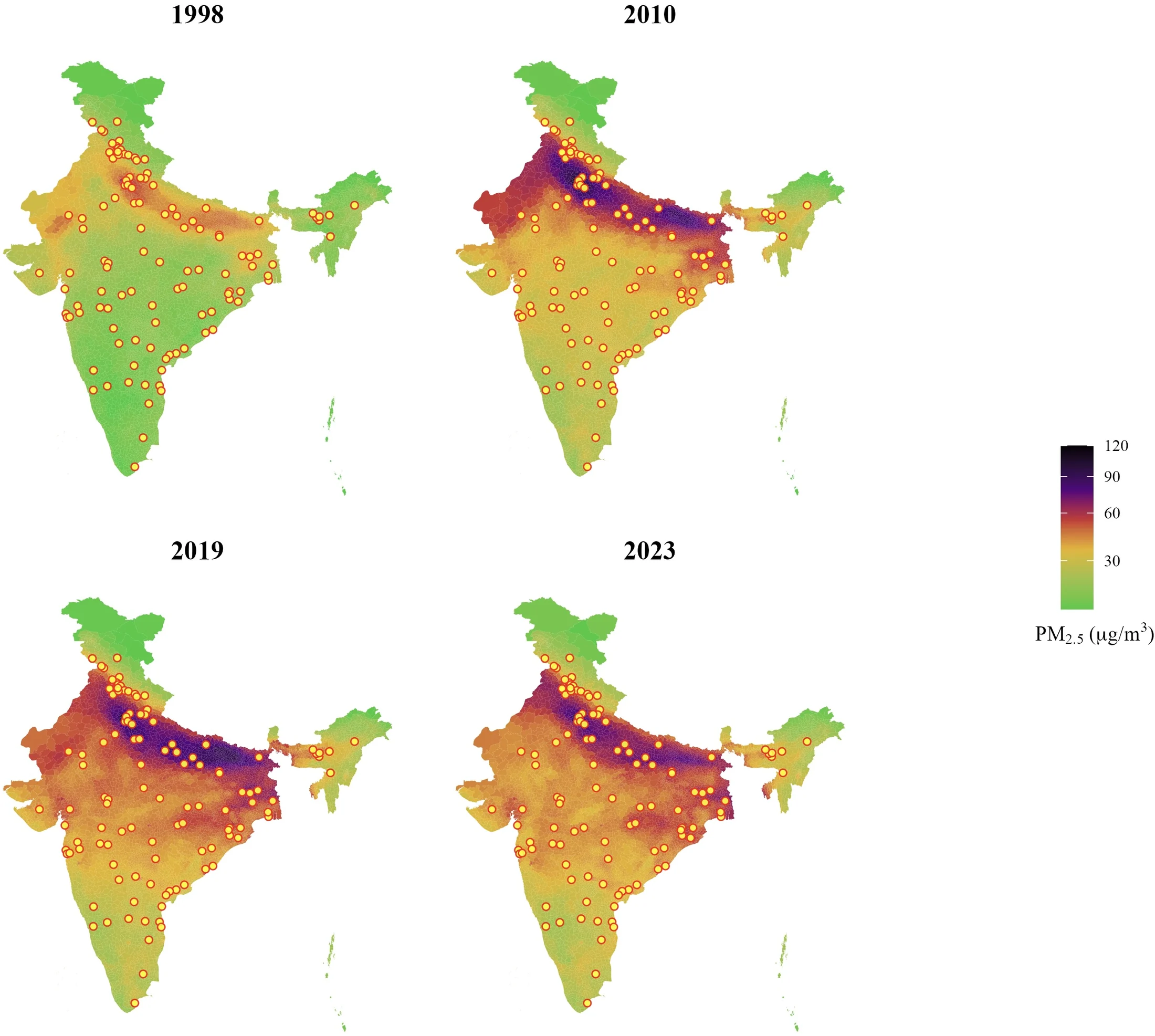 Figure 4.1: Spatial distribution of PM2.5 concentrations in India across four years (1998, 2010, 2019, and 2023), with treated NCAP cities highlighted.