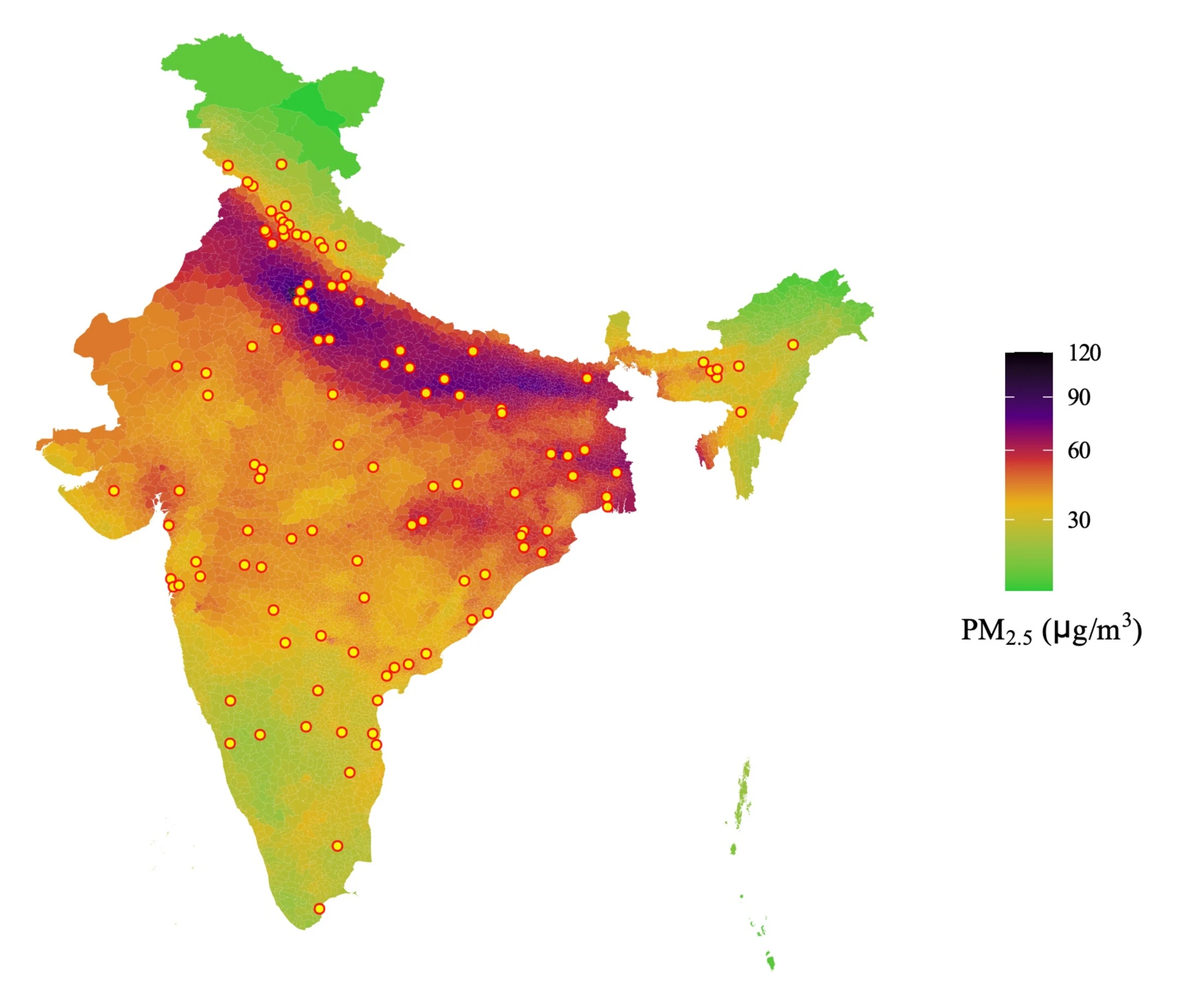Figure 1.1: Annual mean PM2.5 concentrations (µg/m3) across Indian sub-districts in 2023, with the NCAP non-attainment cities highlighted.